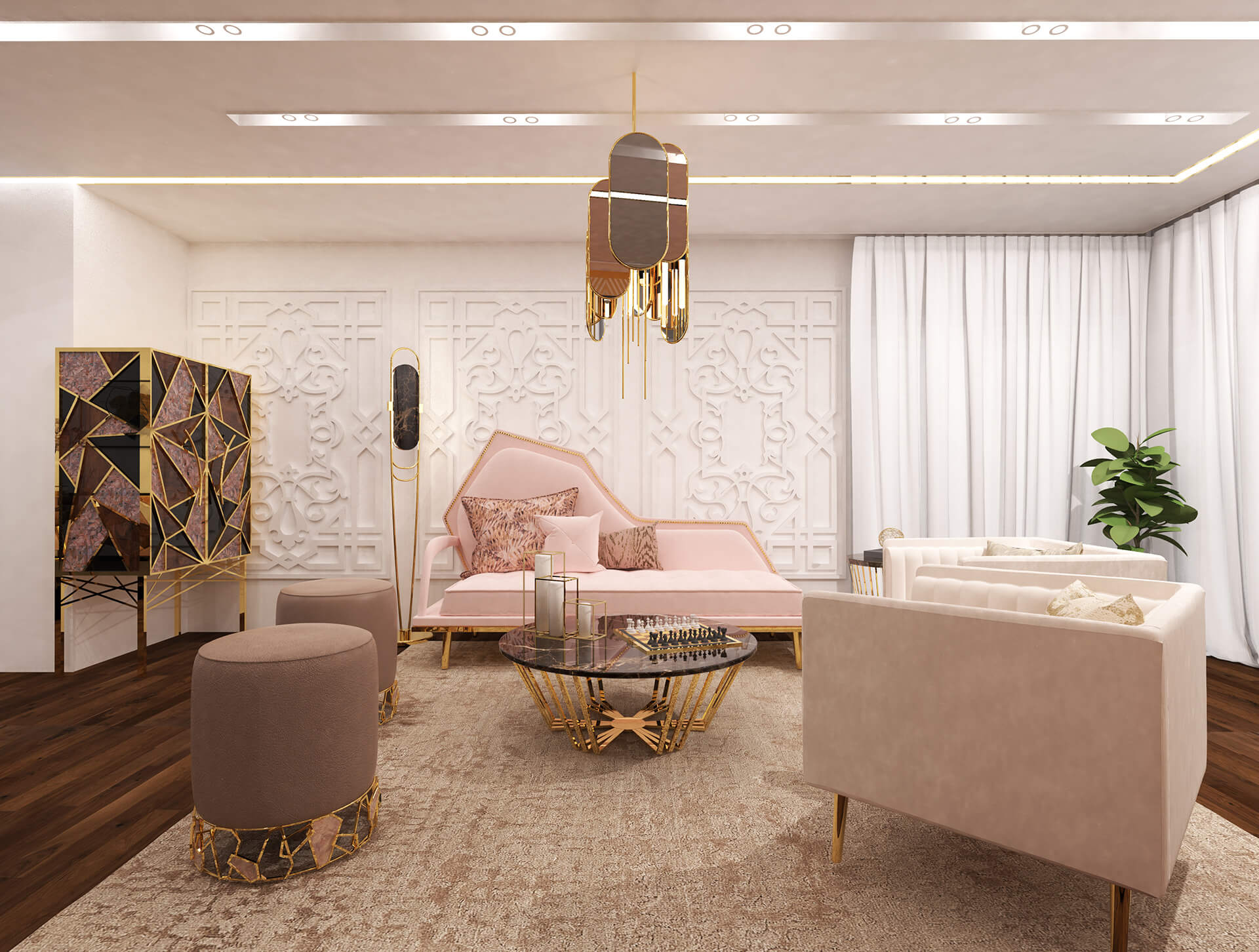 Living room with sapphire chaise longue, rose quartz suspension lamp, kozmus center table and azurite armchair in beige cotton velvet